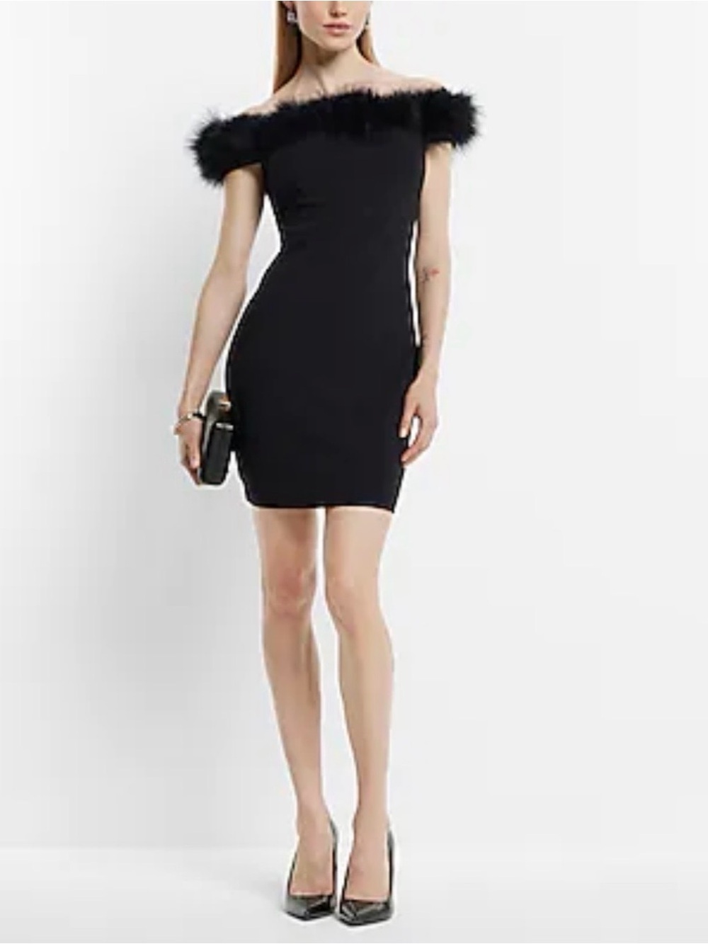 Express Black Feather Trim Off Shoulder Bodycon Mini Dress, size xl